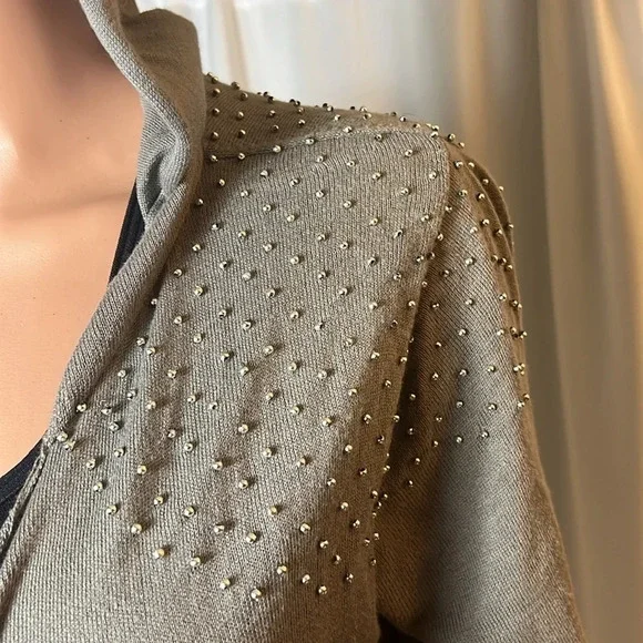 Cullen Studded Hooded Open Front Cardigan Olive Gray Size Small Pockets - Picture 7 of 12